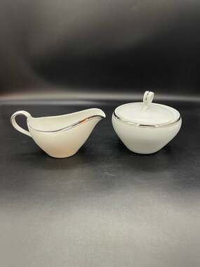 Fukagawa China Arita #900P Sugar with Lid & Creamer White with Silver Rim Japan